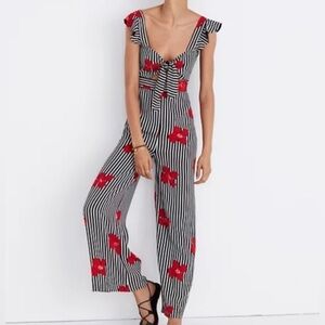 MADEWELL Plumeria Cutout Jumpsuit Striped Floral Ruffle Strap Size 2